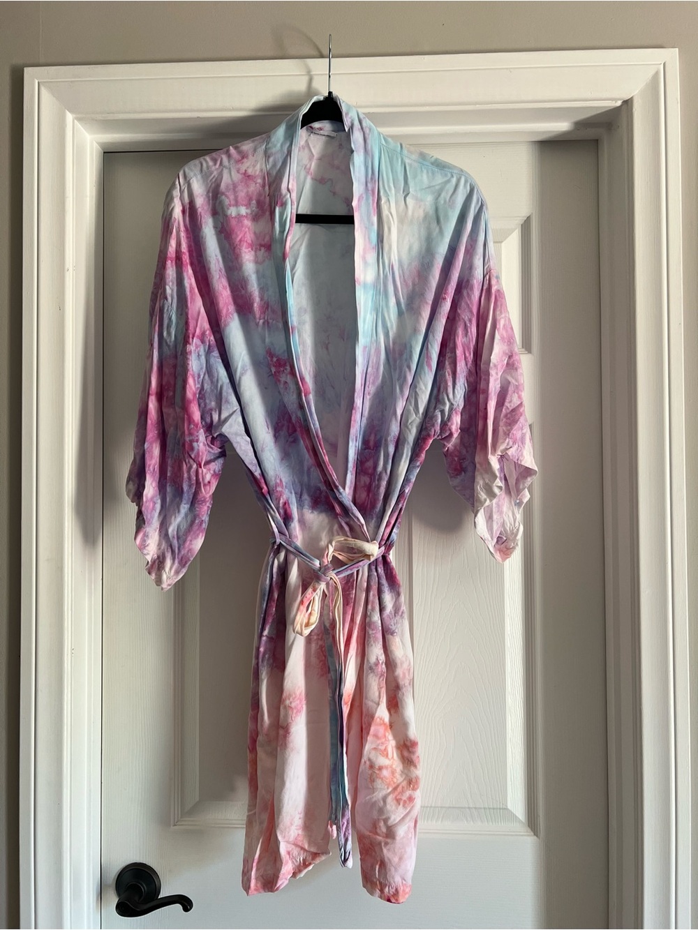 Tie-Dye Belted Robe Pastel Pink Blue Purple Watercolor Loungewear Boho Beach OS